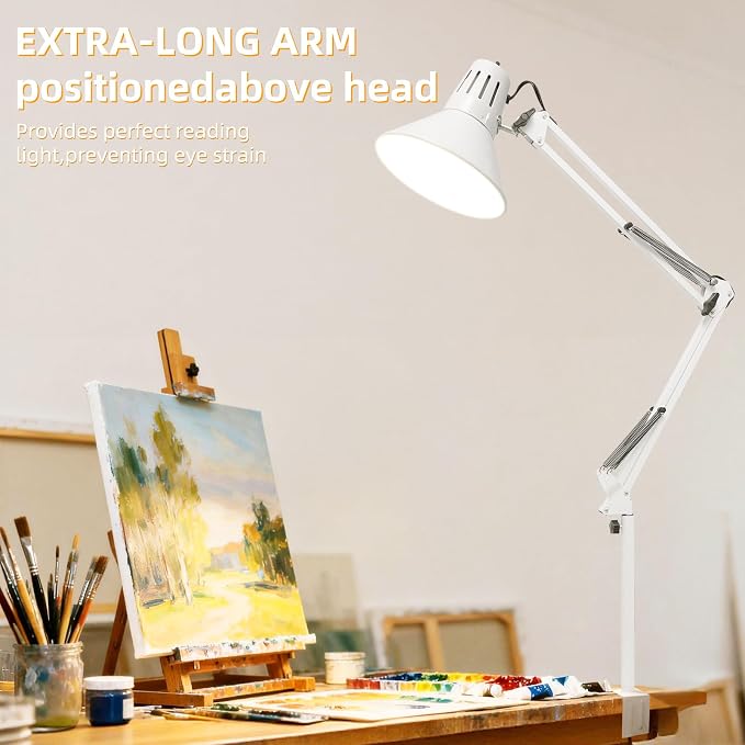 White Dimmable Desk Lamp with Clamp, Extra-Tall Adjustable Swing Arm | Manicurist Table Lamp for Nail Work, Drafting, Sewing, Crafting, Home Office, 3 Color Temperatures, A19 Bulb Included