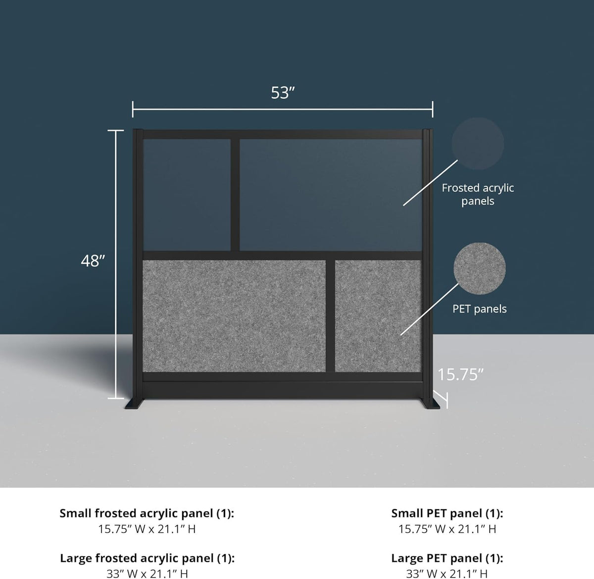 Stand Up Desk Store Expanse Modular Wall | 53'' x 48'' Wall | Expandable Partition Room Divider with Rearrangeable Frosted Acrylic & Sound Absorbent Panels (Black Frame)