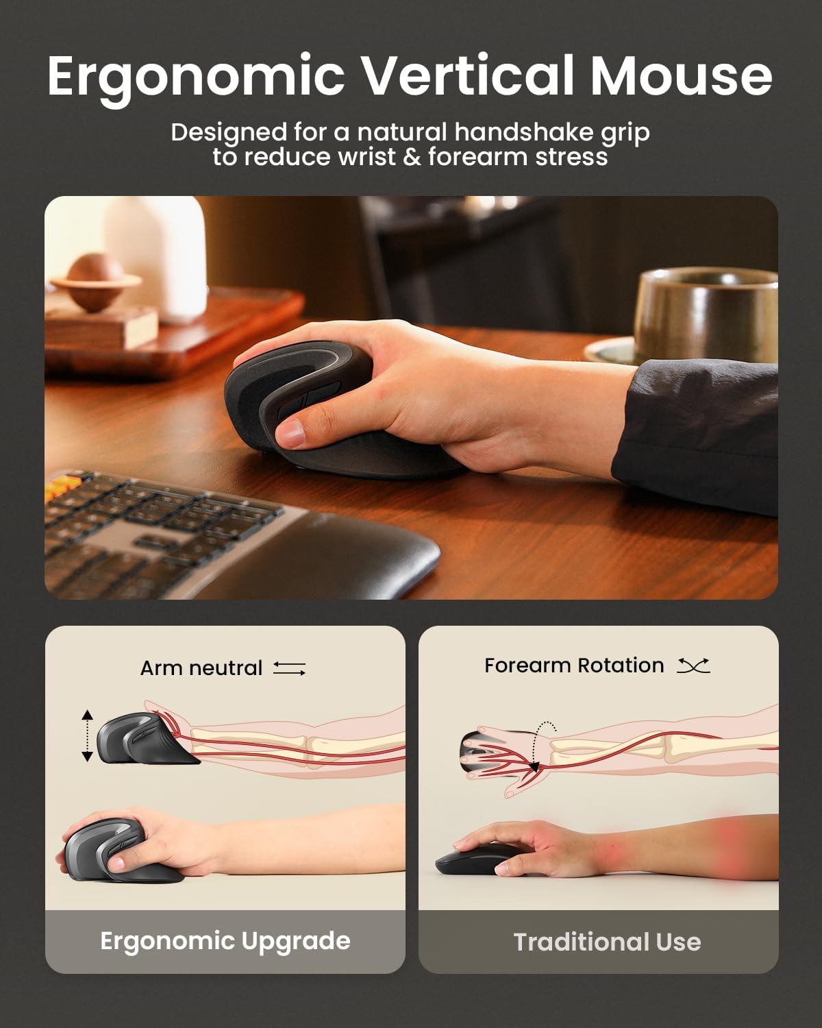 ProtoArc Ergonomic Vertical Mouse, EM11 NL Rechargeable Wireless Mouse Bluetooth, Ergo Mice with 3 Multi-Device for PC/Notebook/Laptop, 2.4GHz Optical Mice for Windows, Mac OS, Gray
