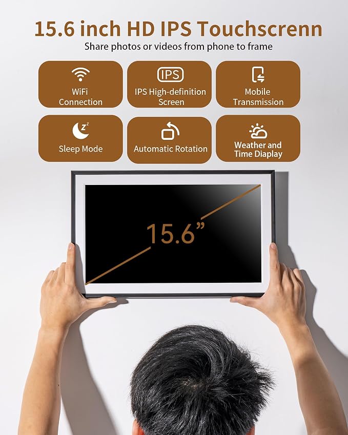 FRAMEO 15.6 Inch 32GB WiFi Digital Photo Frame 1920 * 1080 IPS FHD Touch Screen Smart Digital Picture Frame, Wall Mountable, Auto-Rotate, Share Moments Instantly via Frameo App from Anywhere