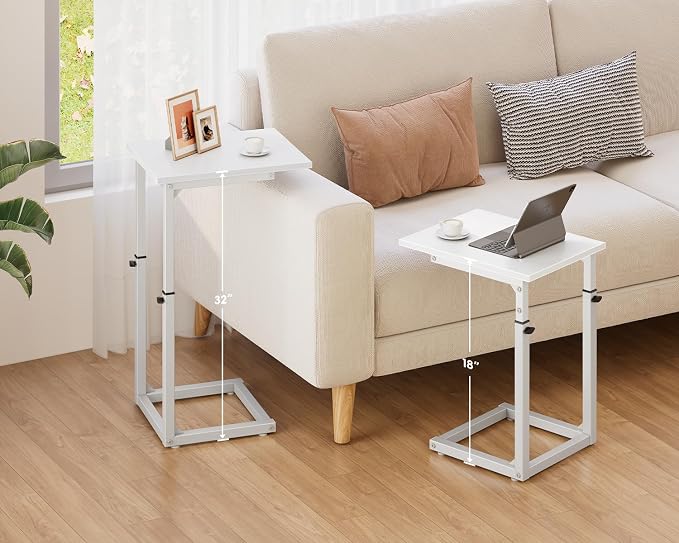 C Shaped End Table, 33"C Table End Table Adjustable Height, Small Side Table for Couch, Tv Tray Table for Small Spaces, Couch Table That Slide Under, Sofa Table for Living Room,Bedroom, White