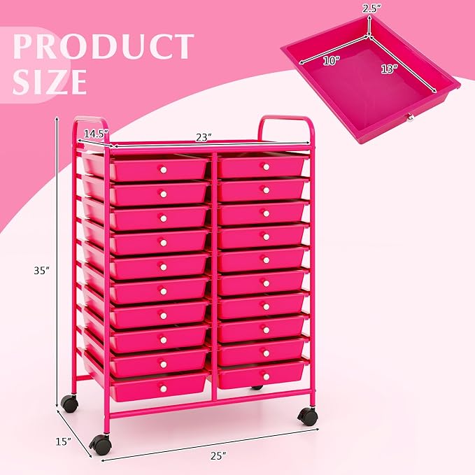 RELAX4LIFE 20-Drawer Rolling Storage Cart - Mobile Rolling Cart w/Drawers for School Classroom Teacher Office Home Salon, Paper File Art Supply Craft Organizer, Utility Cart on Wheels (Hot Pink)