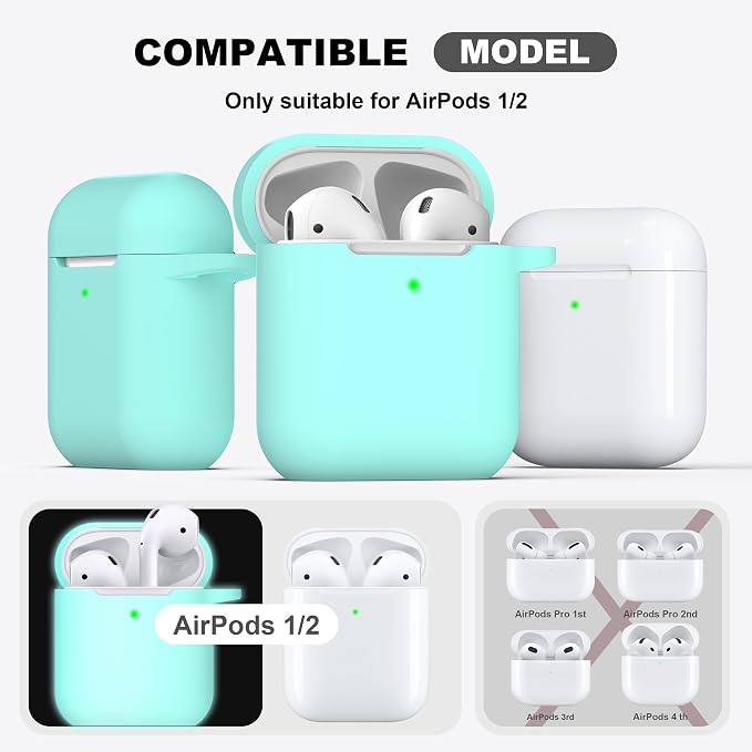 R-fun for AirPods 1/2 Case, Soft Silicone Protective Cover with Keychain and Cleaning Pen, Compatible with AirPods 2nd/1st Generation (2016/2019), Full Drop Protection Cover, Glow Blue