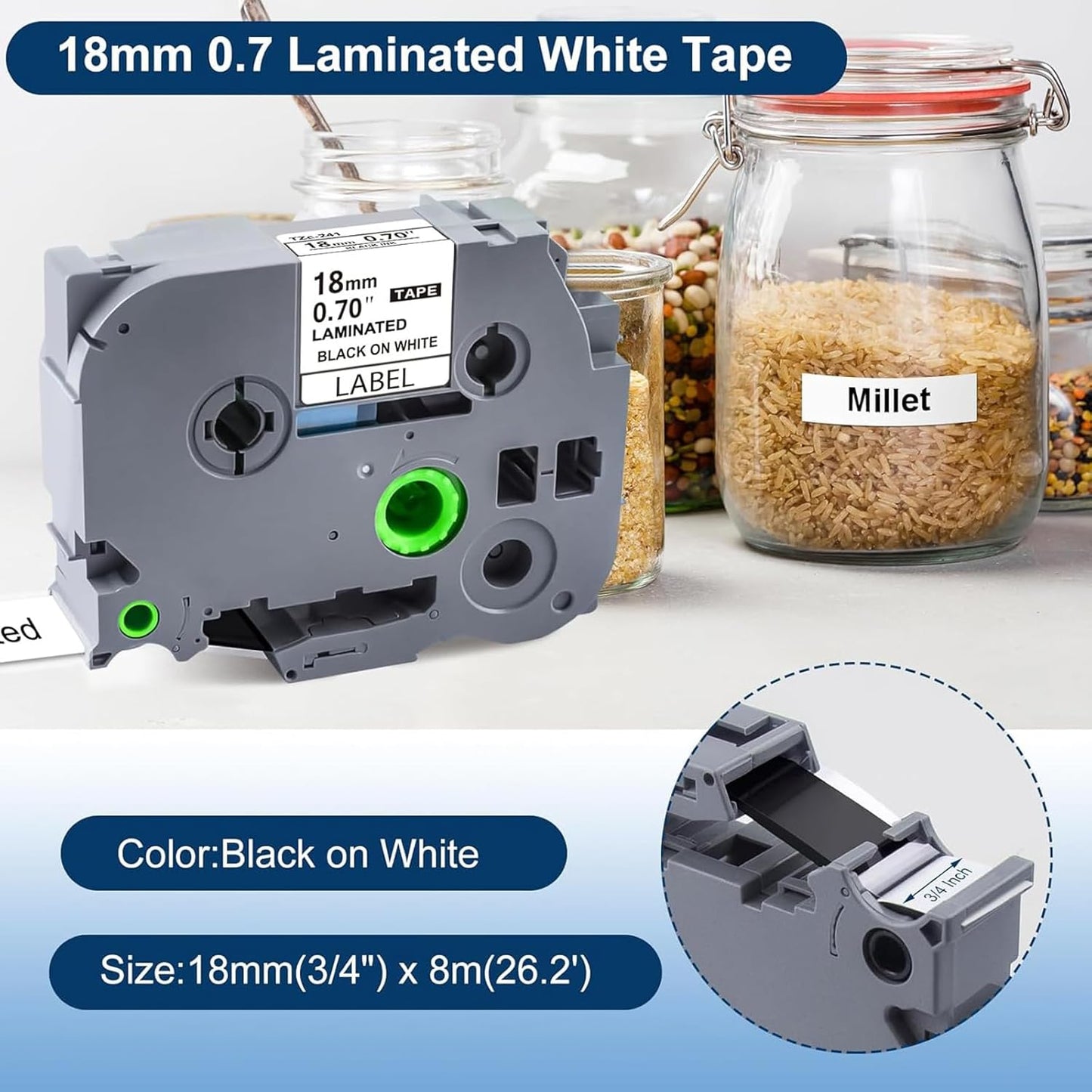 18mm 0.7 Laminated White Tape TZe-241 Compatible with Brother P Touch Label Maker PTD410 PT-D400 D610BT PT-D600 PT-2700 PT-1880, TZe Tz Tape 3/4 Inch, Black on White, 20 Pack