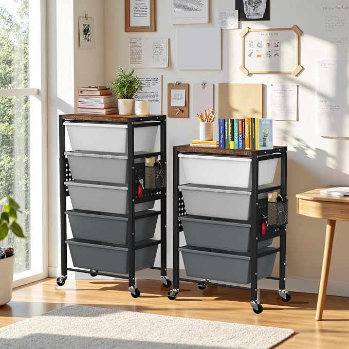 Rolling Cart with 3 Drawers, Plastic Drawer Storage Carts with Lockable Wheels & Wooden Tabletop, Metal Utility Cart Organizer, Office Bedroom Classroom Craft Organization and Storage, Dark Grey