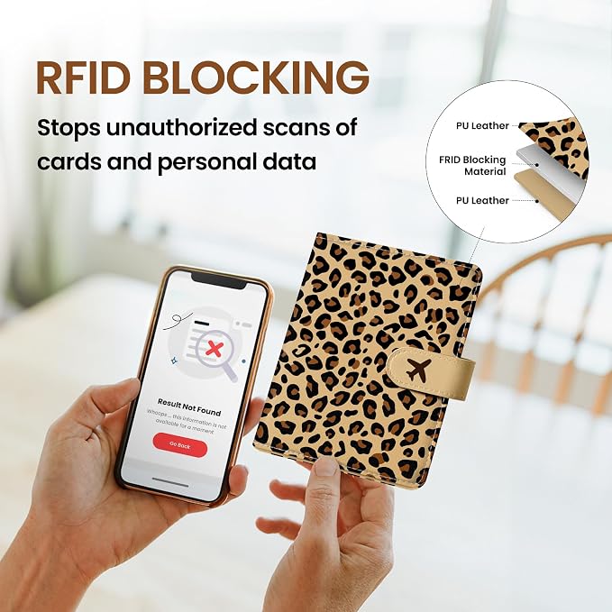 Passport Holder for Travel Essentials, RFID Blocking Leather Cover Wallet with Magnetic Closure, Aesthetic & Cute Passport Book Case for Women and Men - Leopard