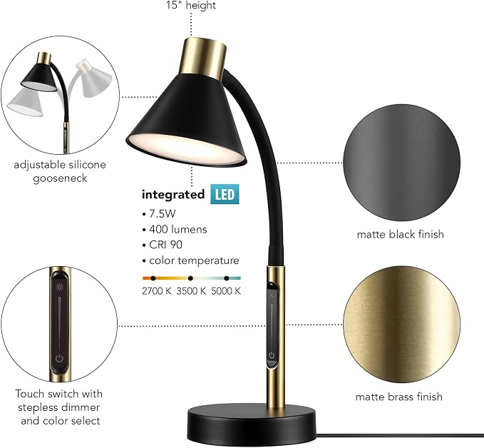 Globe Electric 62000034 15" LED Integrated Desk Lamp, Matte Black, Brass Accent, Adjustable Gooseneck, Dimmable, 3 Color Temperature, 7.5W, 90 CRI, 400 Lumens, Reading Light, Dorm Room Essentials