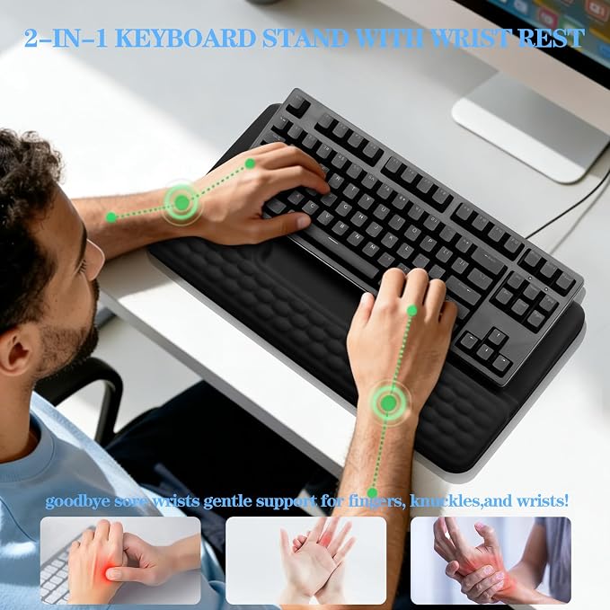 Ergonomic Keyboard Stand with Wrist Rest, Computer Wrist Support Pad | Comfy Tilted Keyboard Riser Holder Wrist Pad for Pain Relief, Soft Memory Foam Desk Cushion for Office Home