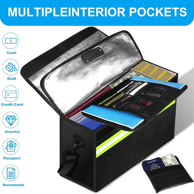 6500°F Large Fireproof and Waterproof Document Bag with Lock,10 Layers Insulation Materials&Waterproof Zipper,Removable Folder Layers/Wallet,Reflective Strip for Valuables(16.5”x 12.4”x 5.5”)