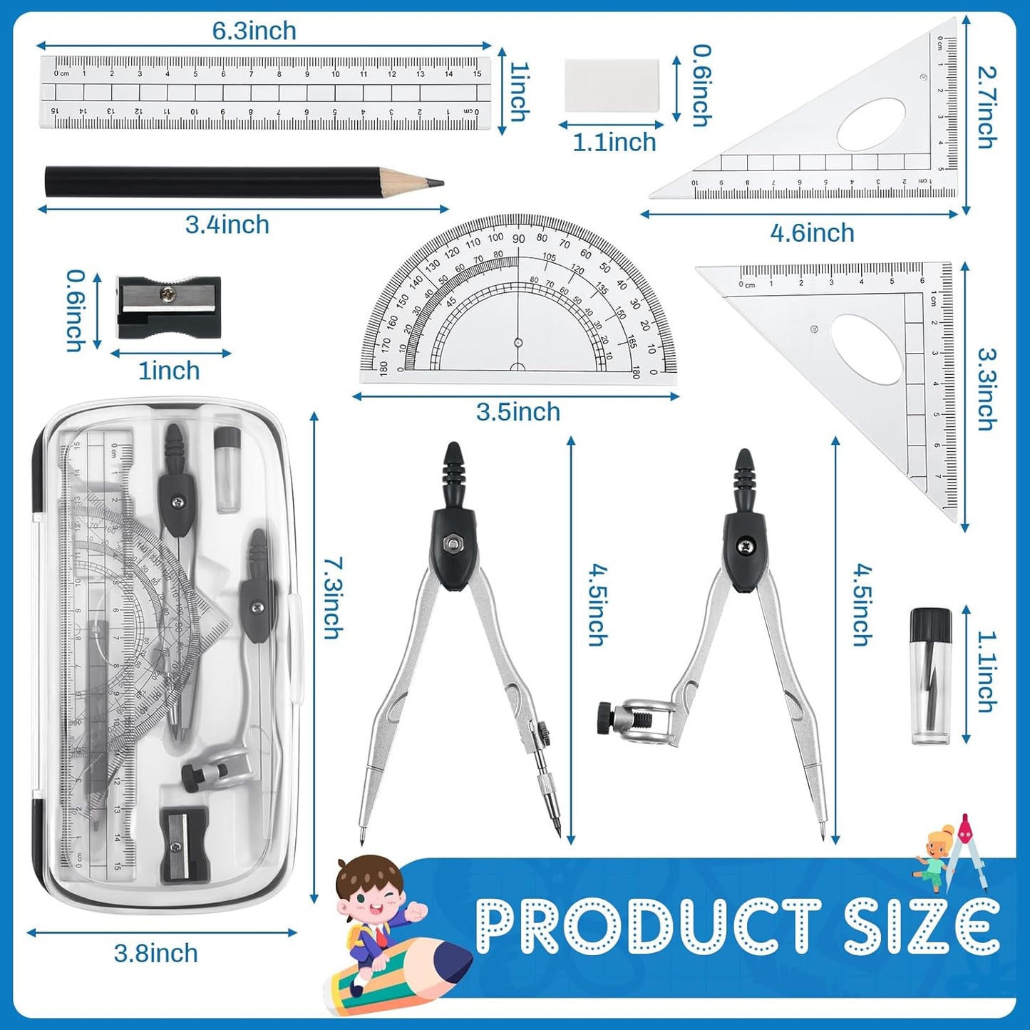 Teling 12 Sets Math Geometry Kit for Students 10 Pcs Compass Geometry Tools Set Includes Rulers Protractor Compass Eraser Pencil Sharpener Lead Refills Pencil (Black)