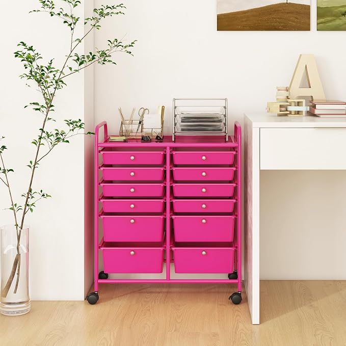 12 Drawer Rolling Storage Cart, Craft Cart Organizer on Wheels w/Metal Frame, Large Capacity & Smooth Drawer, Rolling Cart w/Drawers for Classroom, Office