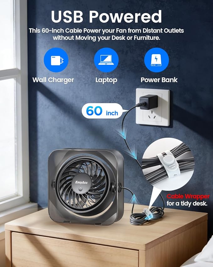 EasyAcc USB Small Desk Fan, Fan for Slumber Pod Long Cable 5ft, Turbo Powerful Airflow, 3 Speeds Portable Mini Desk Travel USB Fan for Sleeping Cruise Ship Dorm Bedroom Office Airplanes (No Battery)