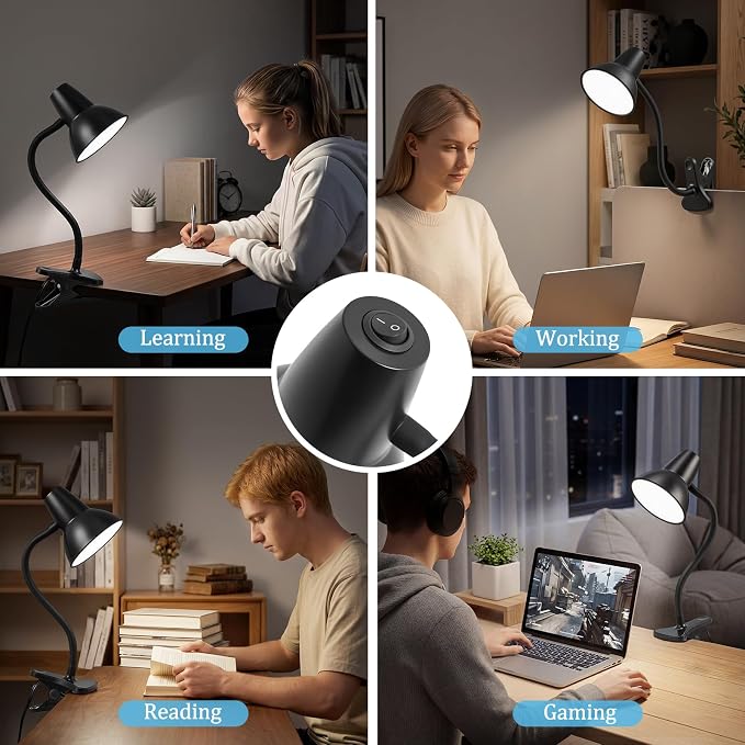 Clip On LED Desk Lamp, Flexible Arm, Eye-Caring Study Lamps for School Dorm | 4.5W Energy-Saving, Anti-tip Bedside Reading Light, Desk Lamps for College Dorm Room, Home Office, Modern Lamp with 1.6m Cord