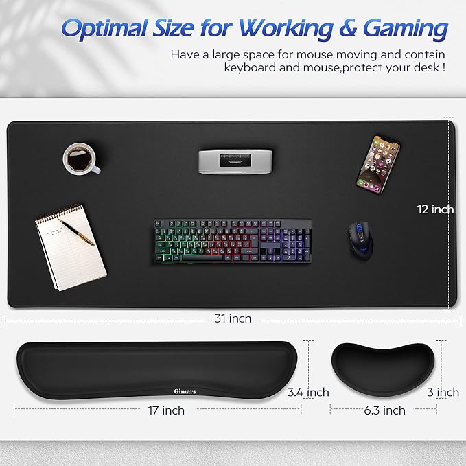 Gimars 4 in 1 Mouse Pad and Keyboard Wrist Rest Set, Large Mouse Pad with Memory Foam Wrist Support Pad for Desk with Coaster, Easy Typing Pain Relief, Gaming Office Home, 31.5x12 inch, Black