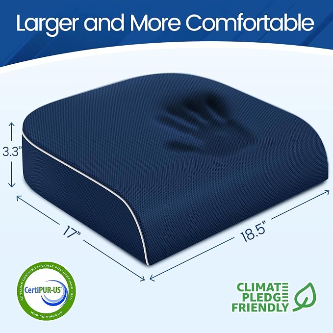SweetSlubr Seat Cushion for Tailbone Pain Relief, Office Chair Cushion, Memory Foam Large Chair Pad with Non-Slip Cover for Soft Support at Office Chair, Car Seat, Airplane Dark Blue/X-Large