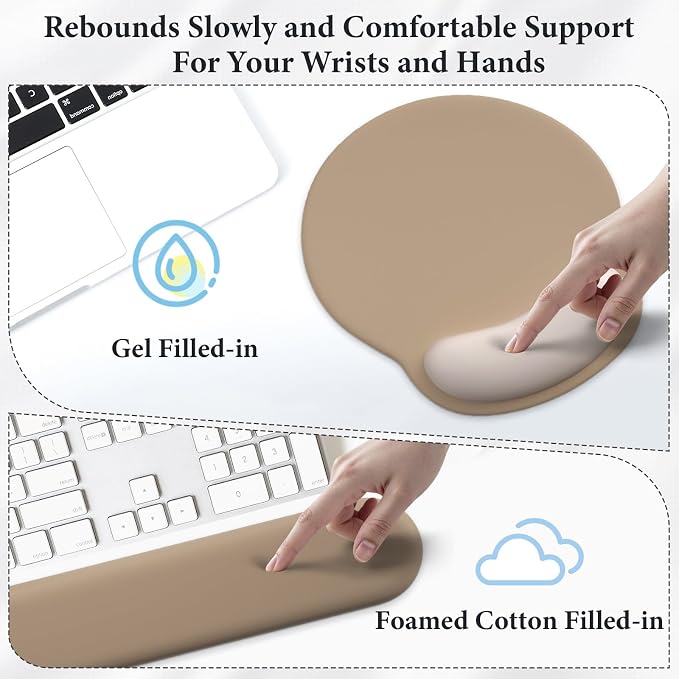 3 in 1 Ergonomic Mouse Pad and Keyboard Wrist Rest with Coaster Set-Brown | Cute Large Mousepad with Gel Wrist Support for Gaming Computer Laptop Women Office Home Desk Decor