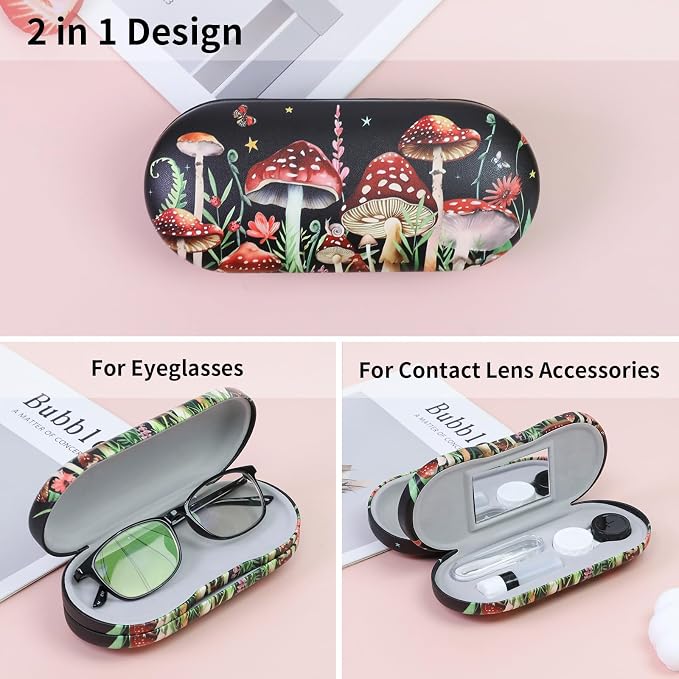 2 in 1 Contact Lens Case and Eyeglasses Case for Women Men Kids, Double Sided Hard Shell Portable Glasses Travel Holder with Built-in Mirror, Contact Lens Box Storage Kit (Black Mushroom)