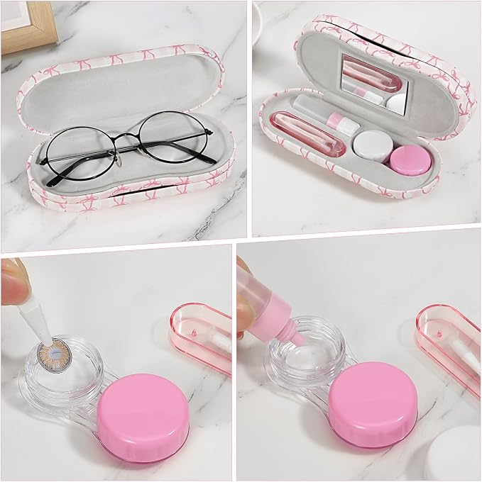 MoKo Double Eyeglass Case, Contact Lens Case with Mirror Tweezers Remover, 2 in 1 Double Sided Portable Contact Lens Box Holder Container Soak Storage Kit Sunglasses Pouch for Men & Women, Pink Scales