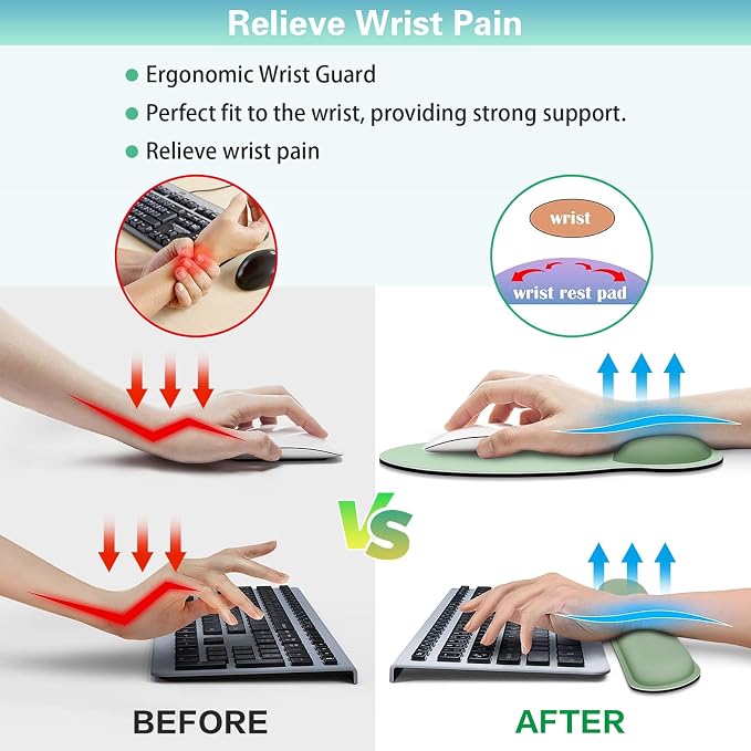 Mouse Pad with Wrist Rest Set, 3-in-1 Wrist Support Mousepad | Gaming Mat Pad with Anti-Skid Base,Ergonomic Mouse Pad Green,Memory Foam Gel Wrist Rest for Computer Keyboard