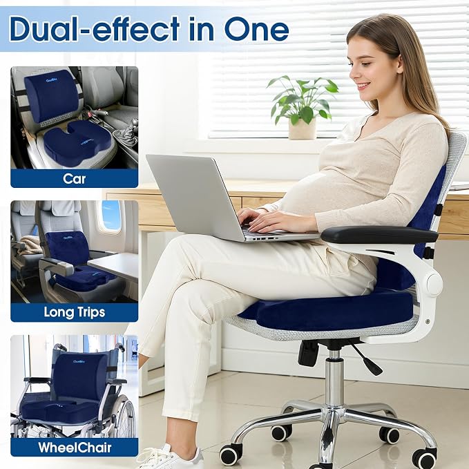 CloudBliss Lumbar Support Pillow & Seat Cushion Set for Office Chair, Desk Chair, Wheelchair & Car–Memory Foam Back Support,Ergonomic Chair Cushions, Sciatica Pain Relief,Home Essentials(Blue,XL)