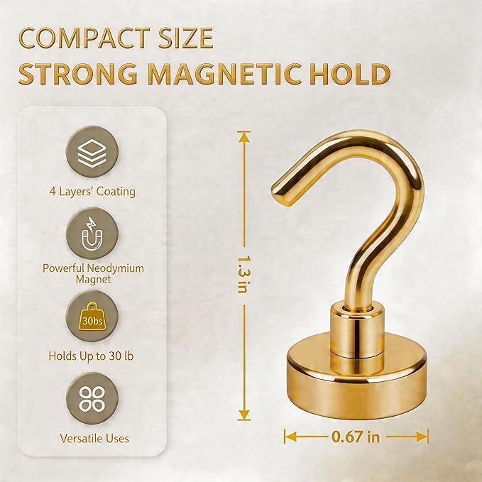 Neosmuk Magnetic Hooks, Heavy Duty 30lb+ Strong Magnet Hook for Cruise Cabins, Cruise Essentials 2026 for Hanging, Metal Wall Refrigerator Hangers (Gold, 10 Pack)