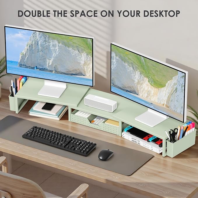 Desk Organizers and Accessories, Dual Monitor Stand Riser with Drawer and 2 Pen Holders, Desk Shelf Computer Monitor Stand for Office Workspace Organizers, Desktop Organization (Sage Green)