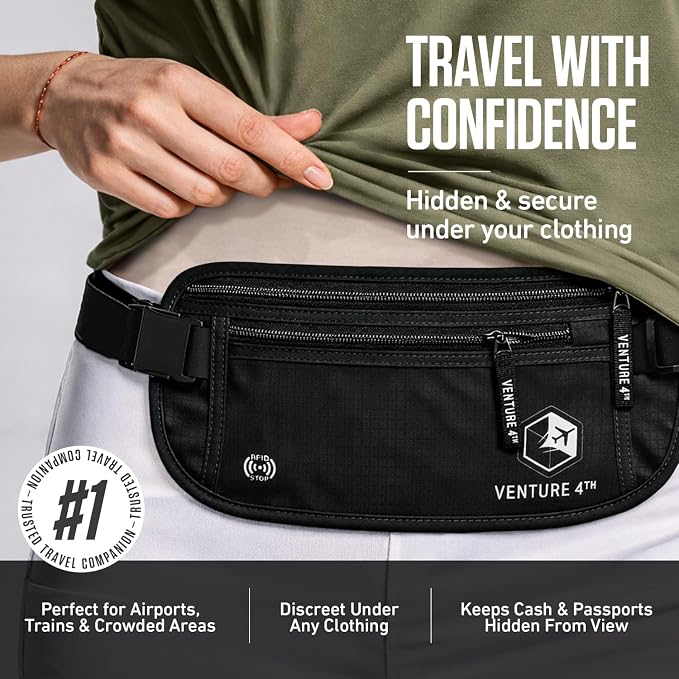VENTURE 4TH Travel Money Belt, RFID Blocking Passport Holder - Pure Black