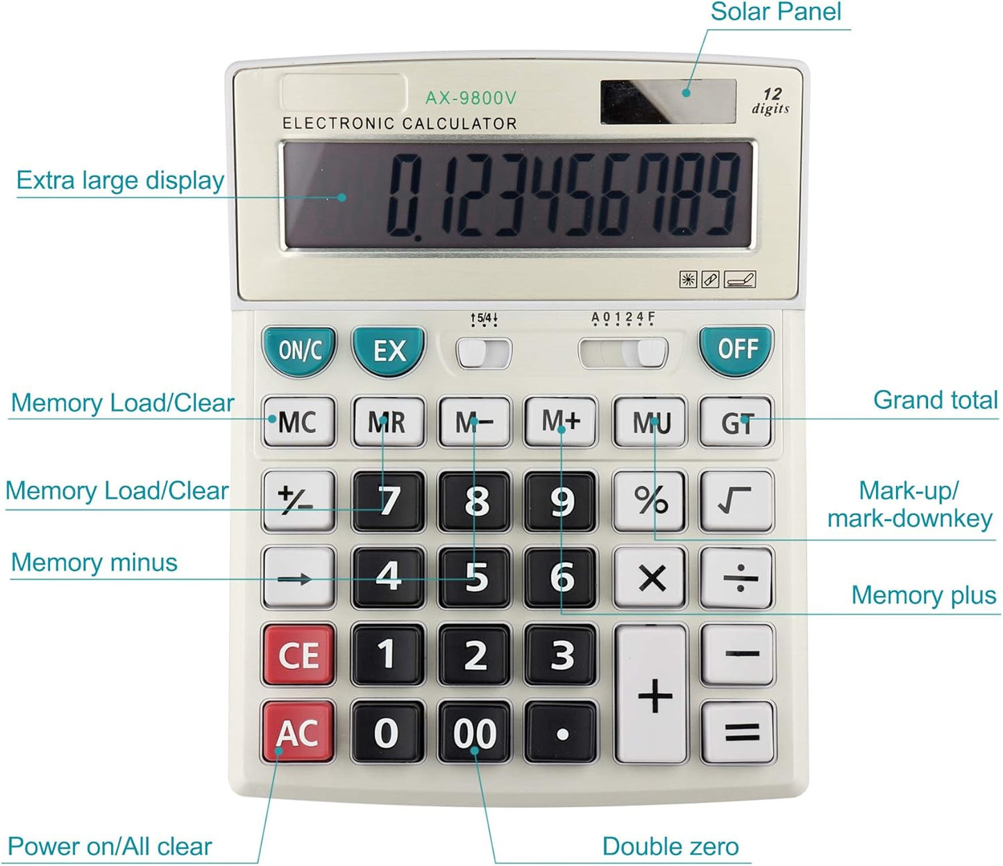 Large Computer Electronic Calculator Counter Solar & Battery Power 12 Digit Display Multi-Functional Big Button for Business Office School Calculating (HY-9800v)