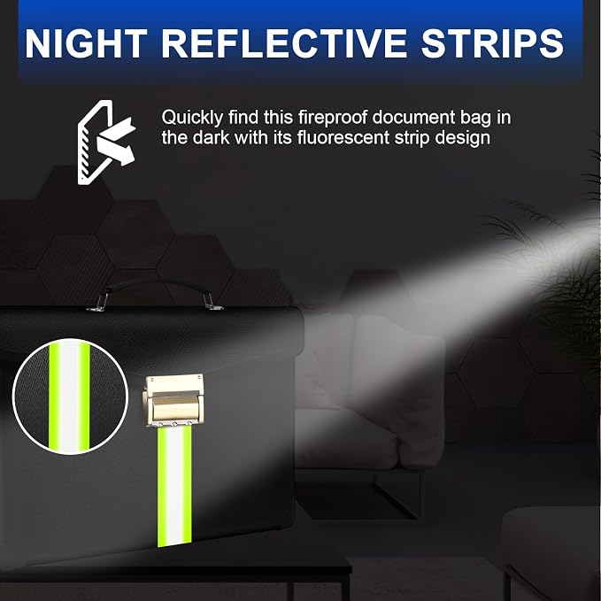 6500°F Fireproof Document Bag with Lock,Upgraded Fireproof/Waterproof Money Bag with Zipper/Reflective Strip,Storage Pouch for A4 Letter Size Document,Cash,Cell Phone,Passport