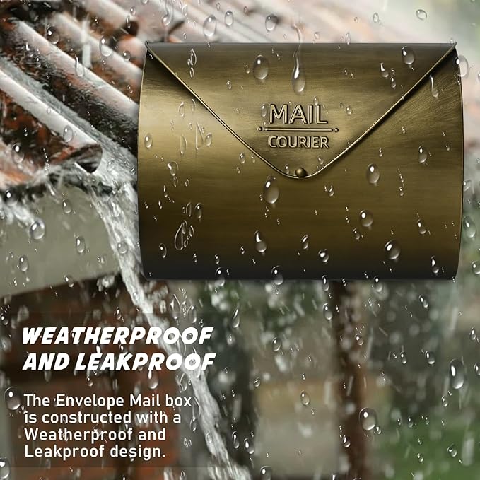 Outdoor Wall Mount Mailbox, 13 x 3.24 x 10.3 inch Antique Brass Waterproof Mail Box, Heavy Duty Wall-Mounted Mailboxes for Home, Envelopes, Magazines & Small Packages