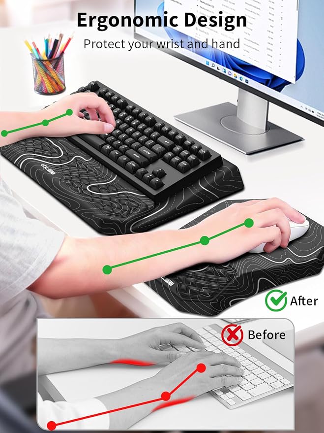 3-in-1 Ergonomic Keyboard Stand with Wrist Rest & Mouse Pad Set,Topographic | Comfy Keyboard Riser Holder Soft Mousepad with Massage Design, Memory Foam and Non-Slip PU Base for Pain Relief