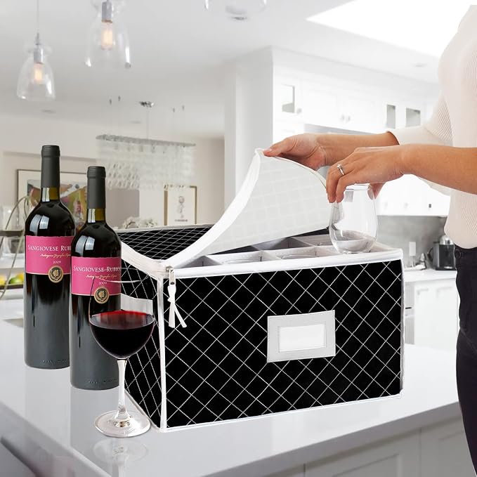 China Storage Containers - Stemware Storage Cases for 12 Wine Champagne Glasses - 2 Pack Crystal Glassware Protector Packing Boxes with Dividers and 2 Handles for Moving (Black)