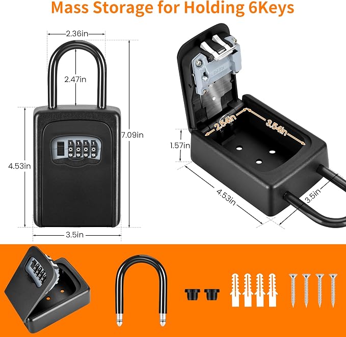 Wall Mounted, Portable Lock Box for House, 5 Key Capacity, Weatherproof Resettable Code House Key Safe Security Lock Box for Outside Realtors Garage Spare (2 Pack, Black)