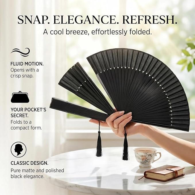 OMyTea Folding Hand Fan for Women - Foldable Chinese Japanese Vintage Bamboo Silk Fan - for Hot Flash, Church, Decoration, EDM, Music Festival, Dance, Party, Performance, Gift (Solid Sexy Black)