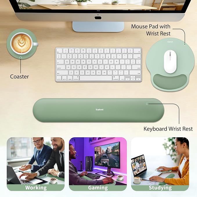 Mouse Pad and Keyboard Wrist Rest, 3-in-1 Gel Memory Foam Ergonomic Mouse Pad with Wrist Rest Set,Gaming Mousepad Arm Cushion Support for Computer Office Desk Accessories Cute Setup,Sage Green