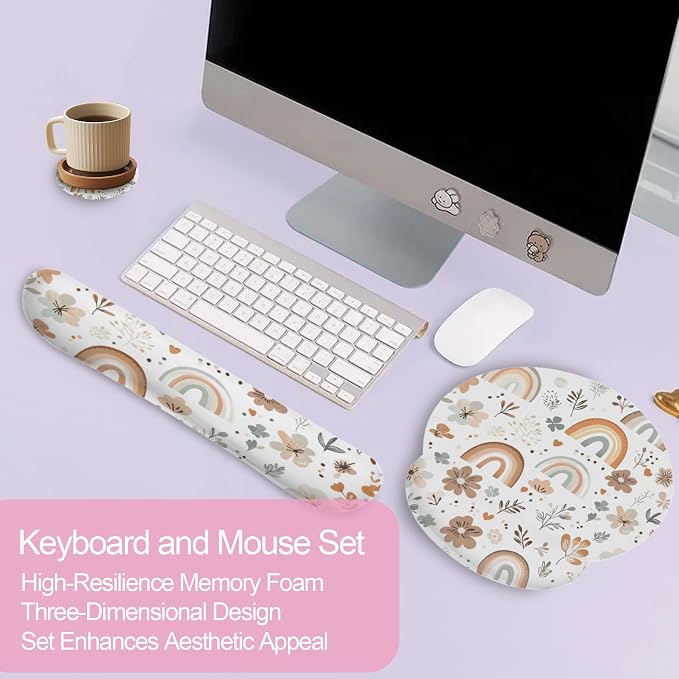 Cute Rainbow Flower Boho Keyboard Wrist Rest Pad Mouse Pad Set,Ergonomic Mousepad Wrist Support Memory Foam Desk Pad for Gaming Office,Non-Slip Rubber Base Easy Typing for Home Office Computers