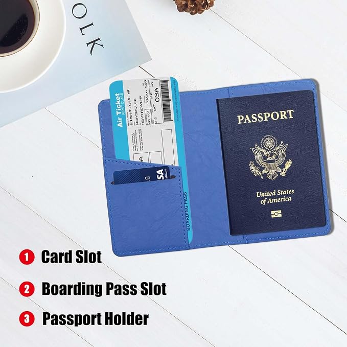 Cnycmy Passport Holder for Travel–Slim Travel Organizer for Passport, RFID Blocking,Boarding Pass, Credit Cards | Vegan Leather & Anti-Theft Design (Blue5)