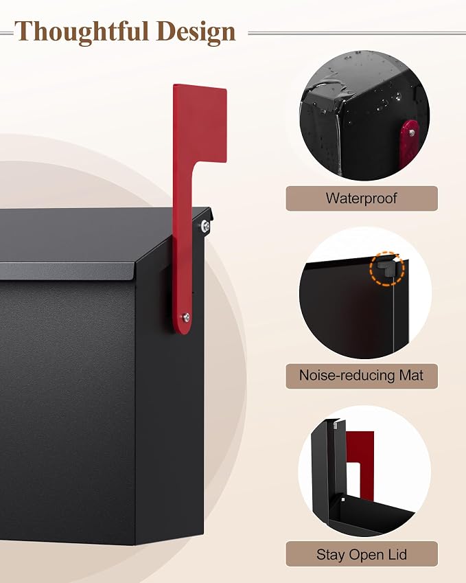 Wall-Mount Mailbox for Outside, Large Capacity Rust-Proof Mail Box with Stay-Open Lid & Red Flag Kit, Galvanized Steel Weather-Resistant Post Box for House Outside, 13"x4.1"x6.9", Black