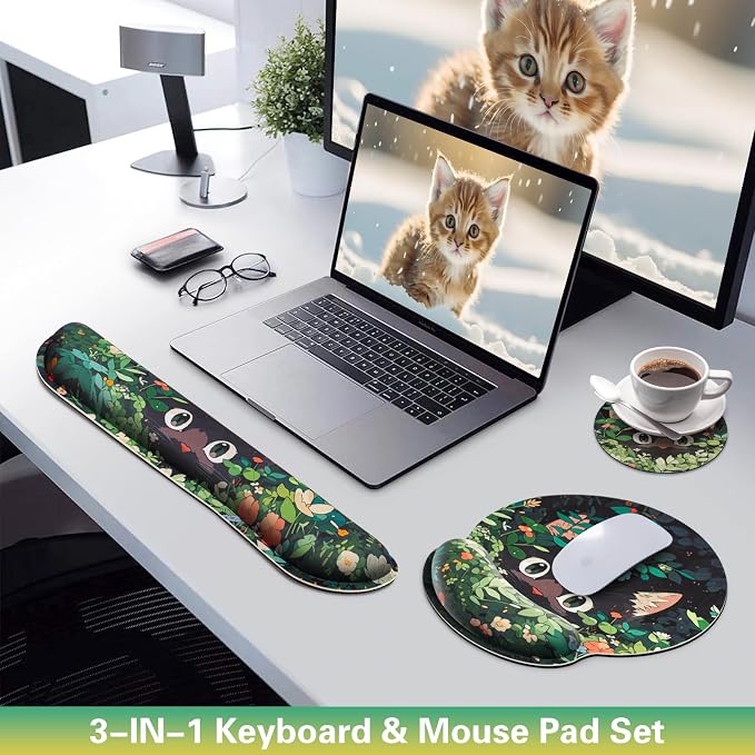 Ergonomic Keyboard Wrist Rest, Mouse Pad with Wrist Rest Anime | Cat Gaming Mousepad with Wrist Support, Memory Foam Wrist Rest Set for Computer Keyboard, Funny Cute Office Desk Accessories
