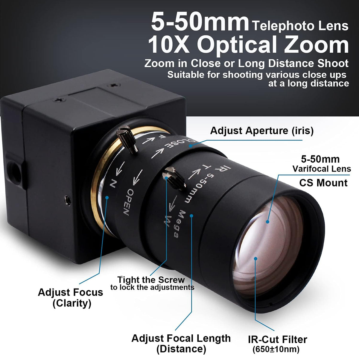 SVPRO 5-50mm Zoom Lens USB Camera 1080P with Sony IMX323 Sensor, H.264 HD Camera with 0.01lux Ultra Low Light USB Webcam for Weak Light Conditions,PC Cam for Windows Linux Mac Android