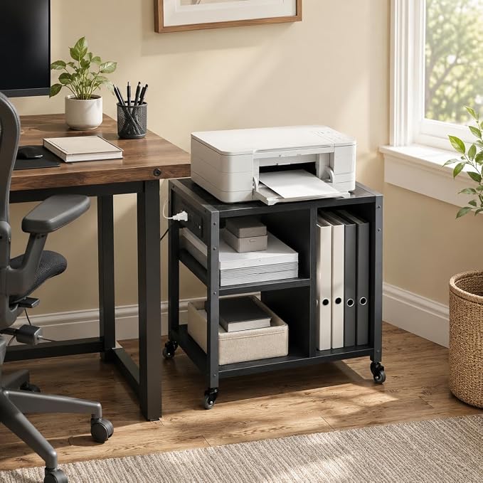 Garvee 3-Tier Printer Stand, Rolling Under Desk Printer Cart with Lockable Wheels, Industrial Mobile Printer Table with Power Outlets, USB Ports & Paper Storage Shelf for Home, Office, Retro Black