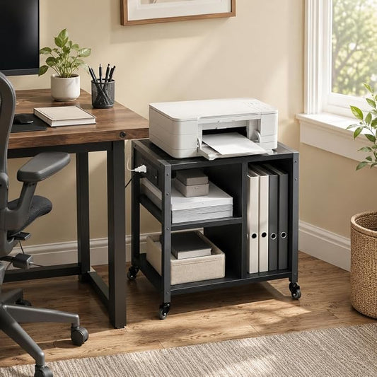 Garvee 3-Tier Printer Stand, Rolling Under Desk Printer Cart with Lockable Wheels, Industrial Mobile Printer Table with Power Outlets, USB Ports & Paper Storage Shelf for Home, Office, Retro Black