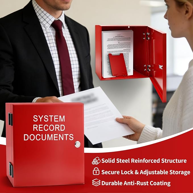 System Record Documents Enclosure, 13.8 X 13.8 Inch Fire Box for Documents, System File Cabinet Locking Document Storage for Office Home with Adjustable Spring Bookends, Red