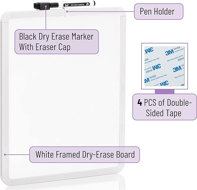 Mr. Pen- Dry Erase Board, 14” x 11”, White Frame | Includes Black Dry Erase Marker, Small Mini White Board for Students, Fridge, Wall, Locker, Double Sided Tapes Included