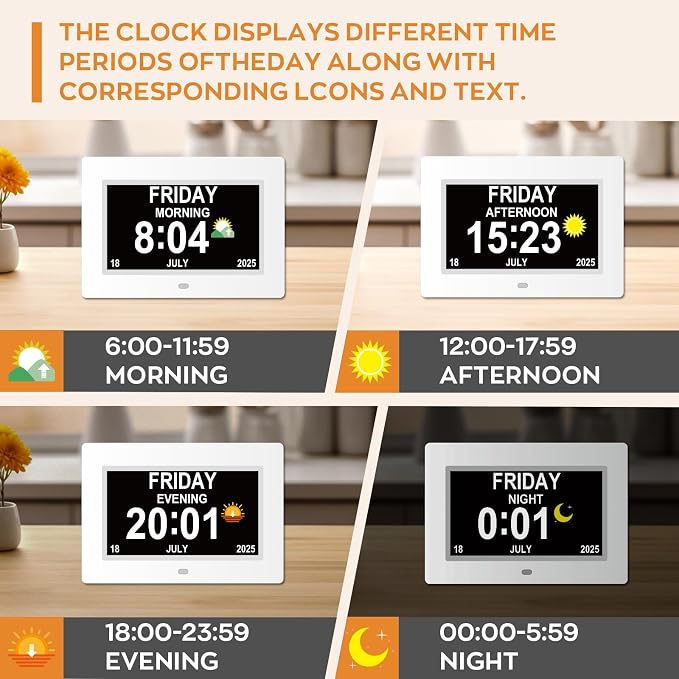 Digital Dementia Clocks for Seniors, 7 Inch, White | Day Date Time Large Display for Poor Vision Easy Read, Medication Reminder Alarm, Spanish 10 Languages, Alzheimer Gifts