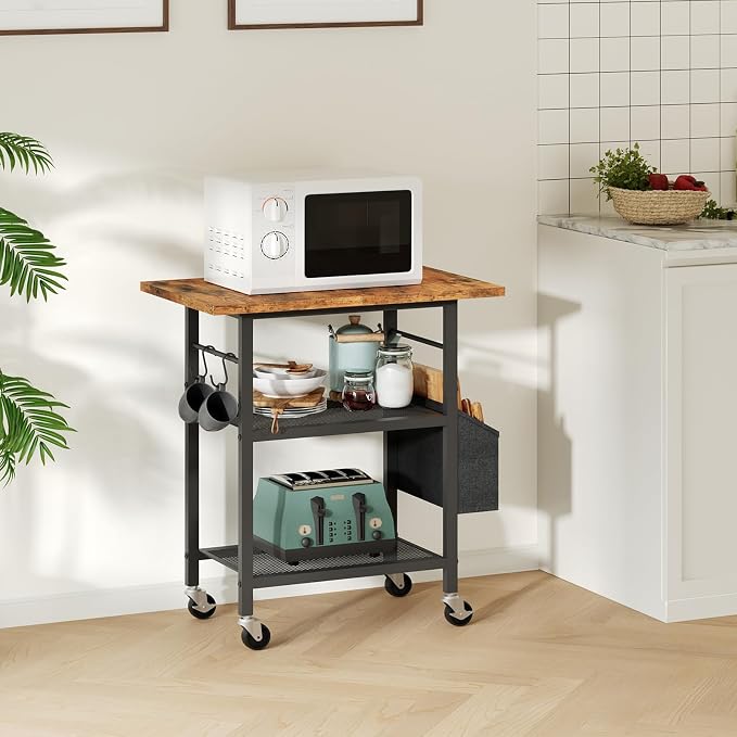 MAHANCRIS 3-Tier Printer Stand, Rolling Printer Table on Wheels, Industrial Storage Stand with Side Pocket, Wooden Tabletop, 2 S-Shaped Hooks, for Home Office, Rustic Brown and Black PTHR2501