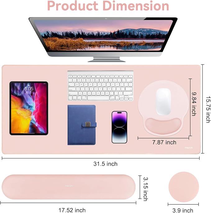 MOSISO Wrist Rest for Mouse Pad Set, Large Gaming Deskpad, Baby Pink | Circle Curved Mousepad&Keyboard Wrist Rest&Coaster, Ergonomic Non-Slip Mousepad&Easy Typing Pad with Silicone Lining