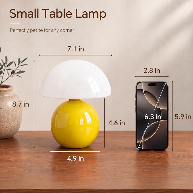 Mushroom Lamp Table Lamp for Bedroom-Small Desk Table Lamps,Yellow | 8.7" Mid Century Modern Table Lamps for Living Room Bedroom Decor,Cute Ceramic Lamps for Mushroom Home Room Decor,Glass Shade