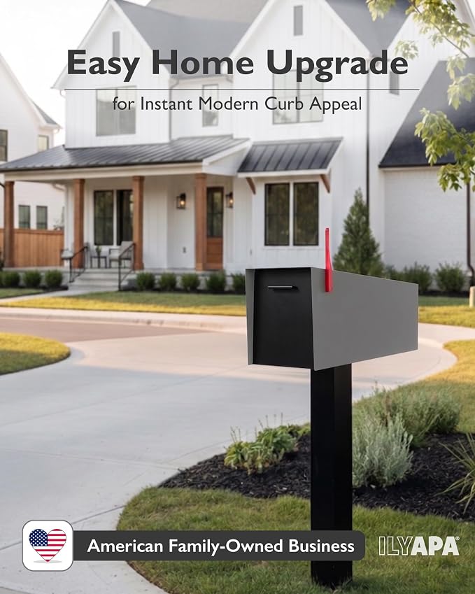 Ilyapa Modern Mailbox with Angle Design Post Mount - Gray Powder Coated Metal Mailbox with Black Door - Waterproof for Parcels, with Magnetic Door