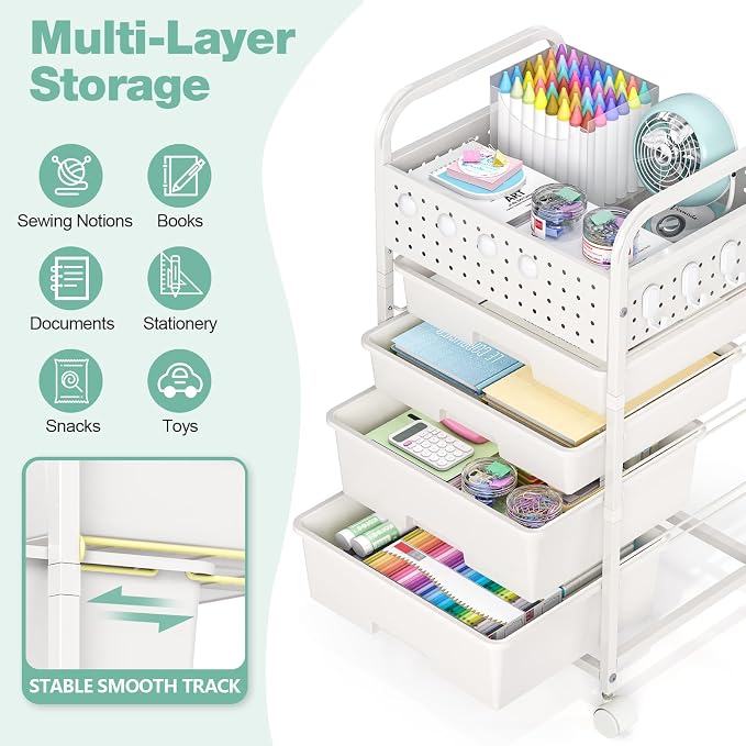 SYKIARIOL 4 Drawer Rolling Storage Cart with Pegboard Top and Hooks, White | Mobile Organizer Cart with Wheels for Office Supplies, Craft Storage, Classroom Organization, Home Utility Cart